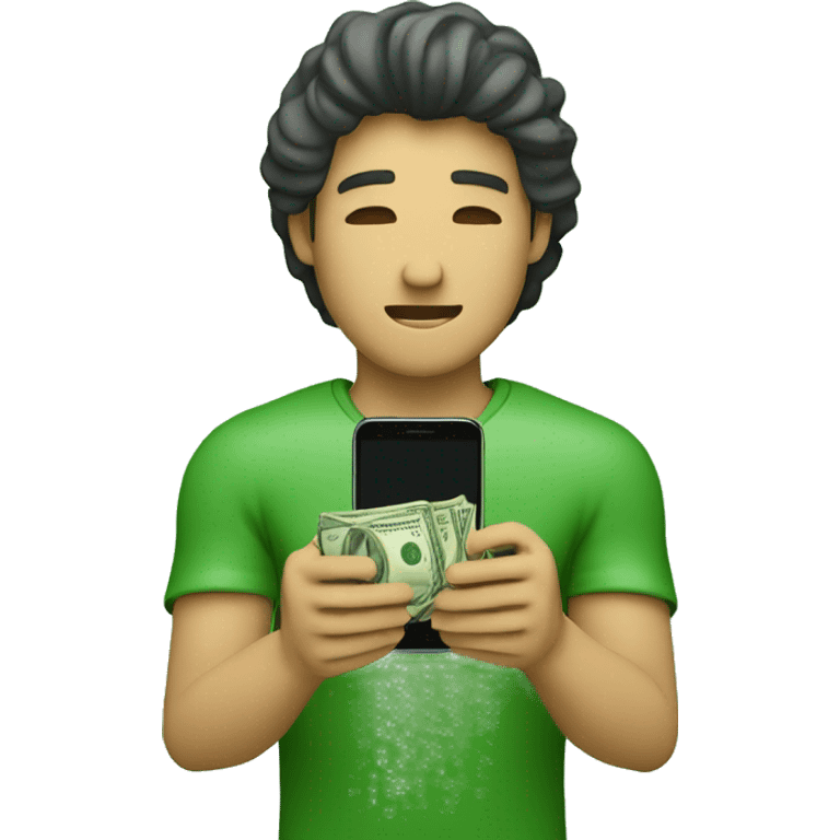 a man that in this right hand holds money and its other hand holds a phone and he is holding his hands up like praying and at top of his head is an texture of an app and the money color green emoji