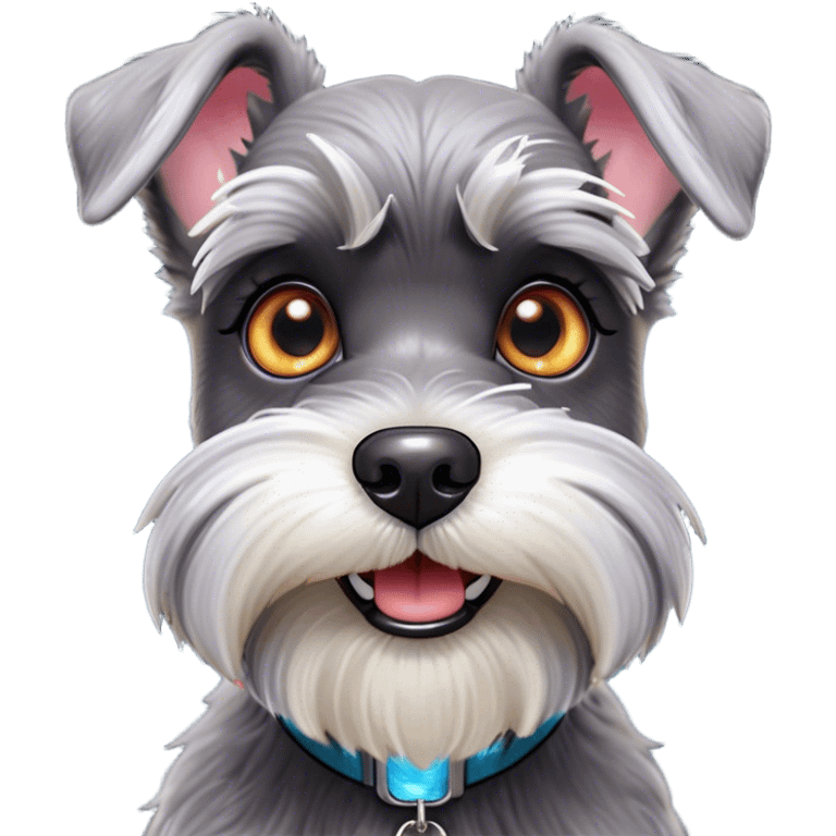 Cinematic Comical Miniature Schnauzer Portrait Emoji, Head tilted dramatically with a comically shocked expression and large, animated eyes, featuring a sharply defined salt-and-pepper fur with exaggerated, humorous eyebrows, simplified yet hilariously detailed, glowing with a bold, playful radiance, high shine, exuding a spirited and cheeky charm, styled with a soft glowing outline, capturing the essence of a Miniature Schnauzer that appears ready to dash into a burst of comic energy! emoji