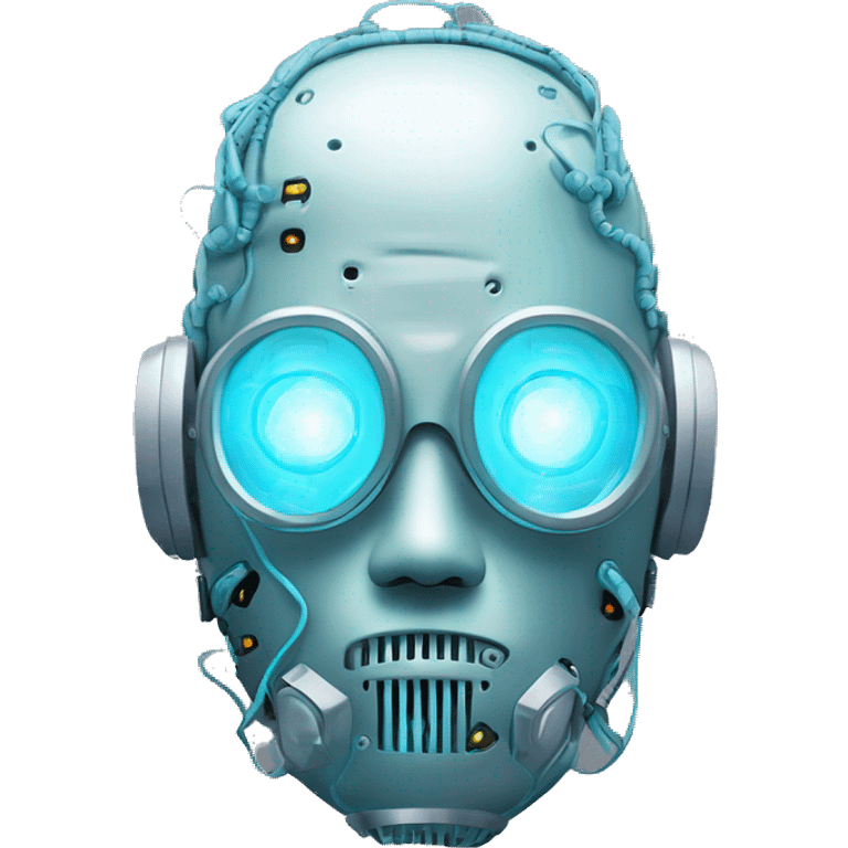 Pastel blue haired cyborg head with silver respirator mask and circuits emoji