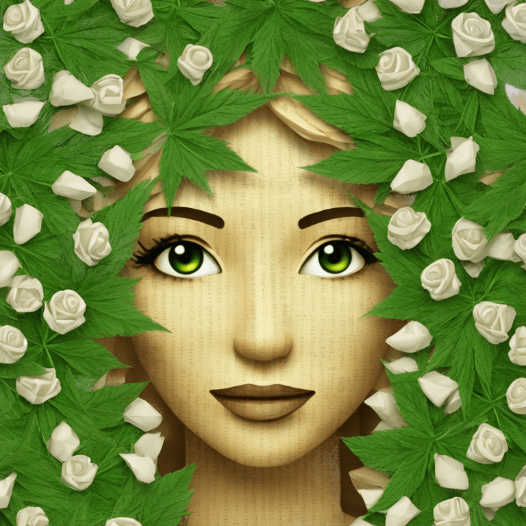  Photograph of Hemp 420 lady face made of 420 origami newspaper roses hemp leaves lantern fairy lights burning paper and hemp leaves in hair  emoji