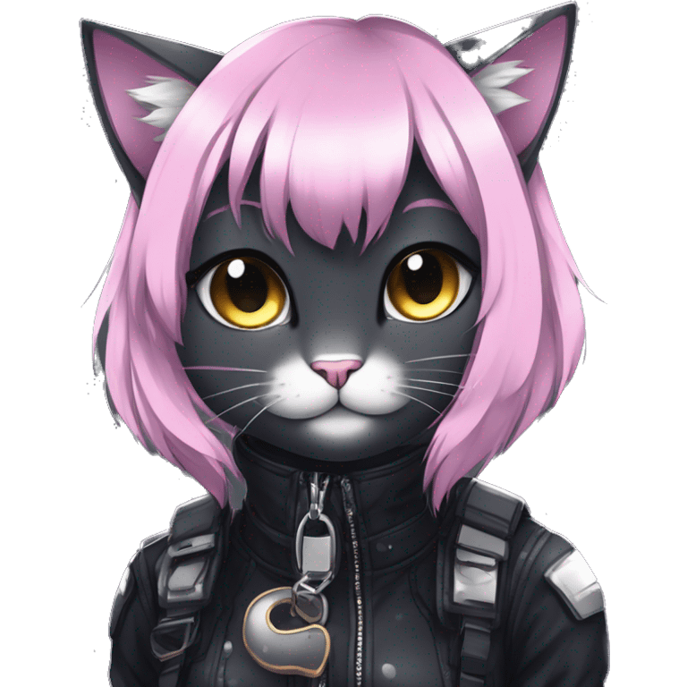 Gorgeous sparkly dark techwear anime style anthro cat with blushing face aesthetic and pretty edgy black with collar and harness trending style emoji