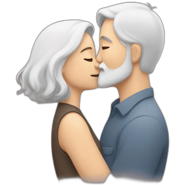 image of woman with dark brown hair kisses and hugs man with gray hair and white beard with floating hearts emoji