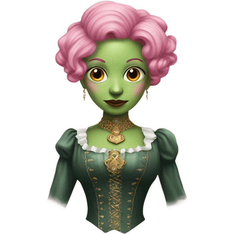 a green amazon alien woman in Victorian white gold full body pink hair emoji