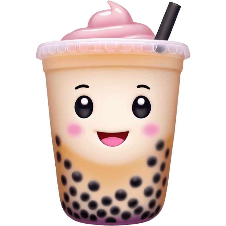 Cinematic pastel-colored bubble tea, chubby cup with a smiling face, tiny black tapioca pearls peeking out, soft glowing background, playful and adorable. emoji