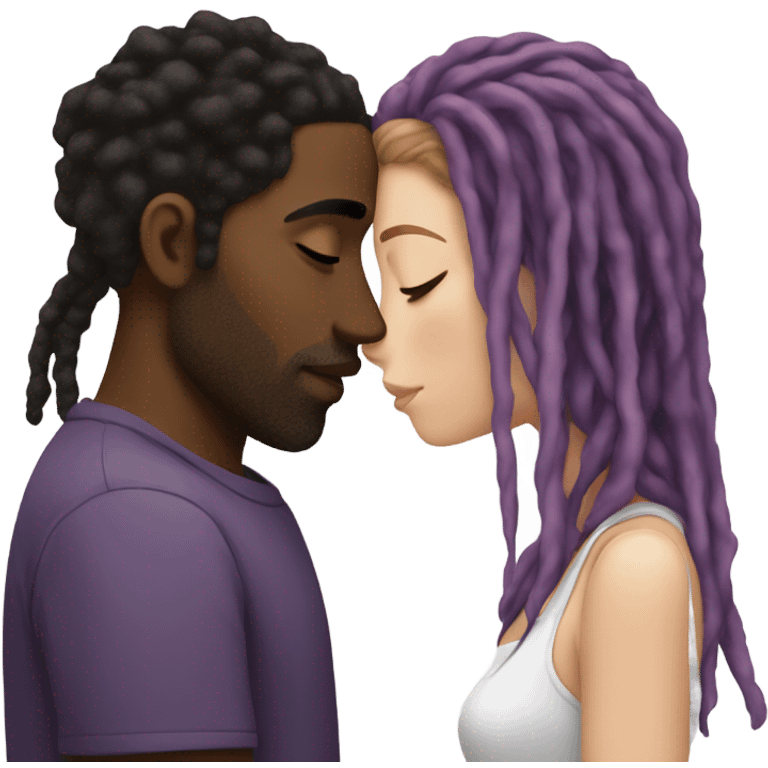 Black man with dreads kissing white girl with brown and purple hair emoji