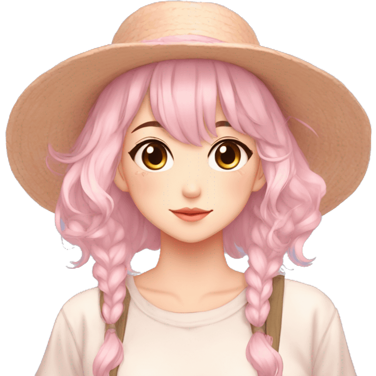 Gorgeous pastel anime girl with blushing face and hair garnitures and pretty hair and a hat-cap aesthetic trending style emoji