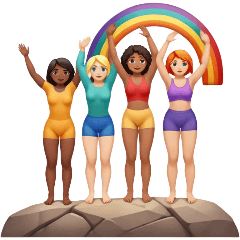 three women of different body types forming human chain, climbing rainbow-colored rock holds emoji