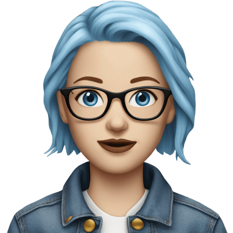 Hyper Realistic pale beautiful tattooed woman with glasses and blue eyes wearing denim jacket emoji