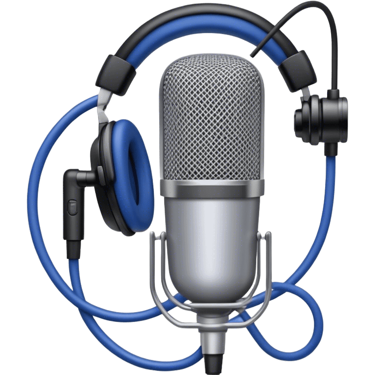 Create a sleek and professional emoji that represents voice acting and dubbing equipment. The design should feature a high-quality microphone, a sound mixer or audio interface, and headphones to symbolize the recording and technical process. Include elements like a soundproof booth or audio cables to reflect the studio environment. Use a modern, clean design with colors like silver, black, and dark blue to represent the professional side of voice acting. The background should be transparent. emoji