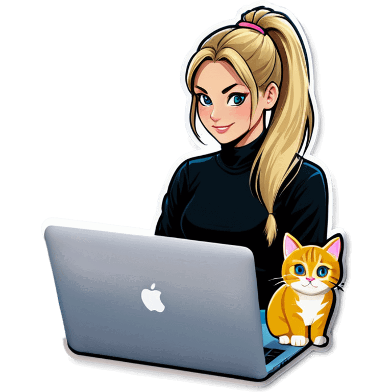 Blonde girl ponytail macBook and a cat emoji