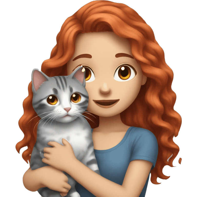 girl with red long wavy hair and blue eyes holding a grey tabby cat emoji