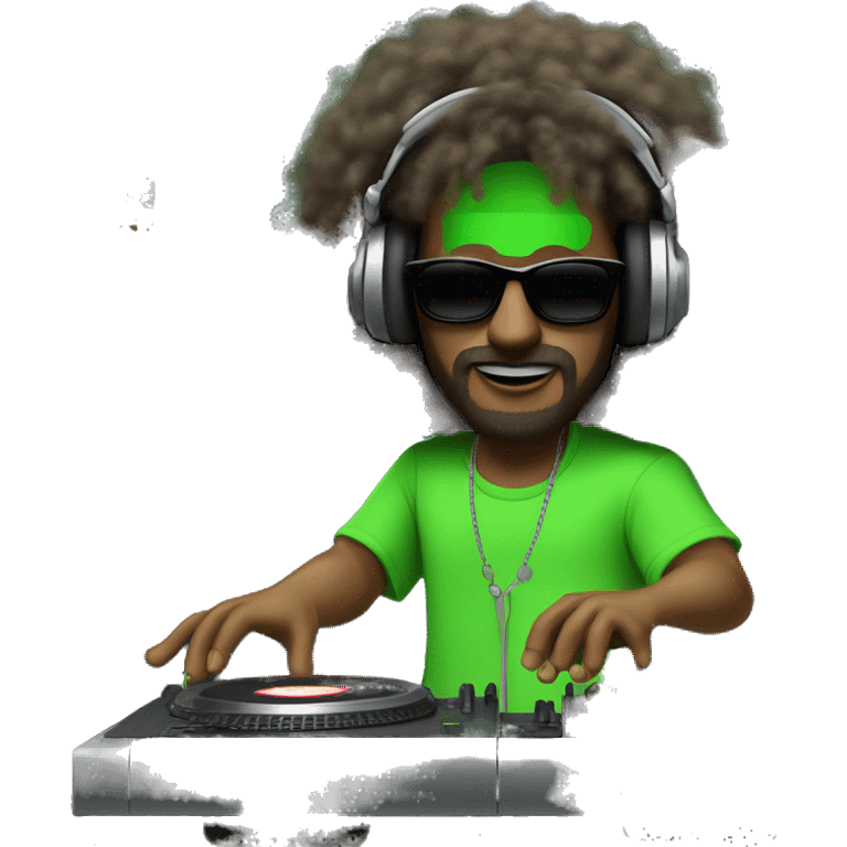 tall white dj man with long frizzy hair, shades, headphones and an electric green shirt on that says “CHANTS”, on a mixer turntable emoji