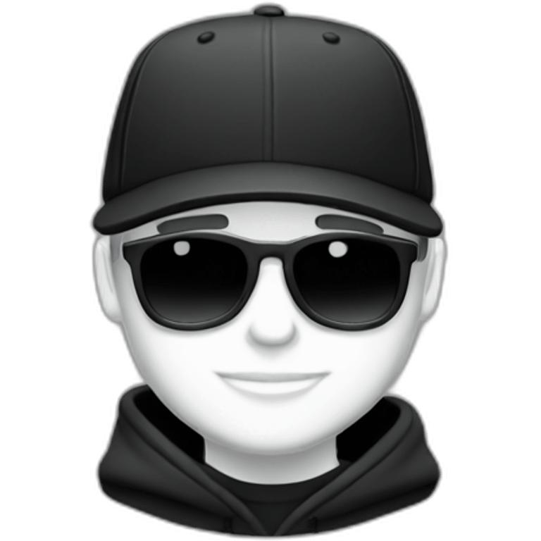 White Designer wearing flat bill hat and black hoodie emoji