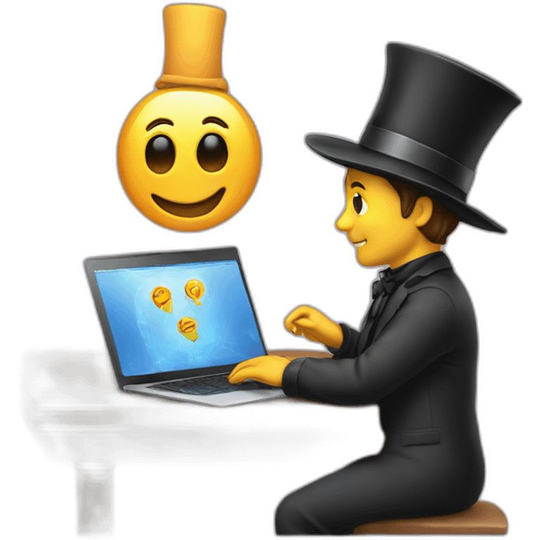 magician programming a laptop with an emoji of a truck on the laptop screen emoji