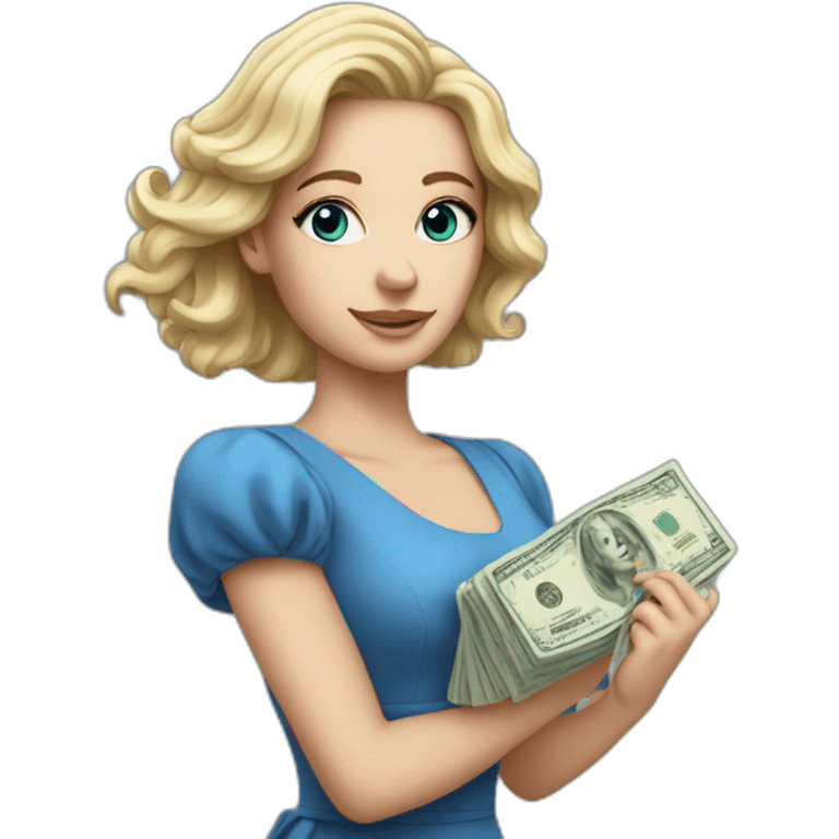 Realistc white girl in a blue dress her hair out holding the money emoji