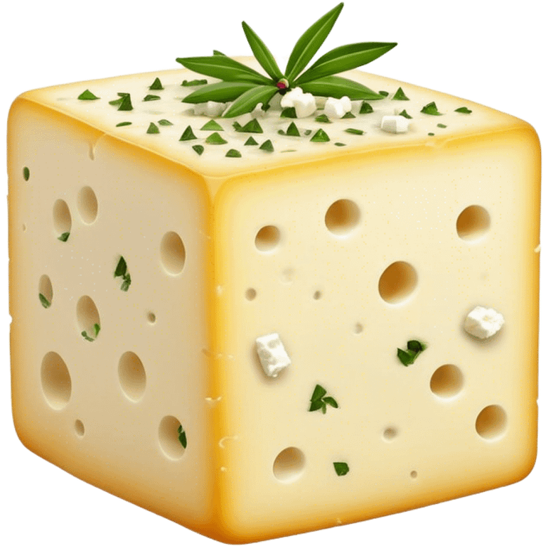 Cinematic Realistic Feta Cheese Dish Emoji, depicted as a block of crumbly, tangy cheese garnished with olive oil and herbs rendered with lifelike detail and soft natural lighting. emoji