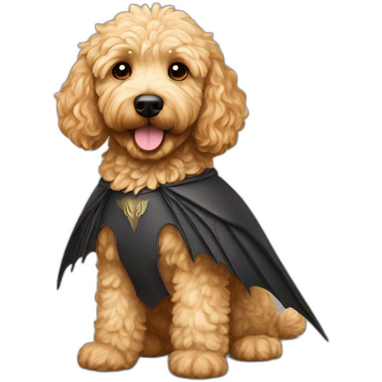 Short haired wavy blonde golden doodle with bat wings emoji