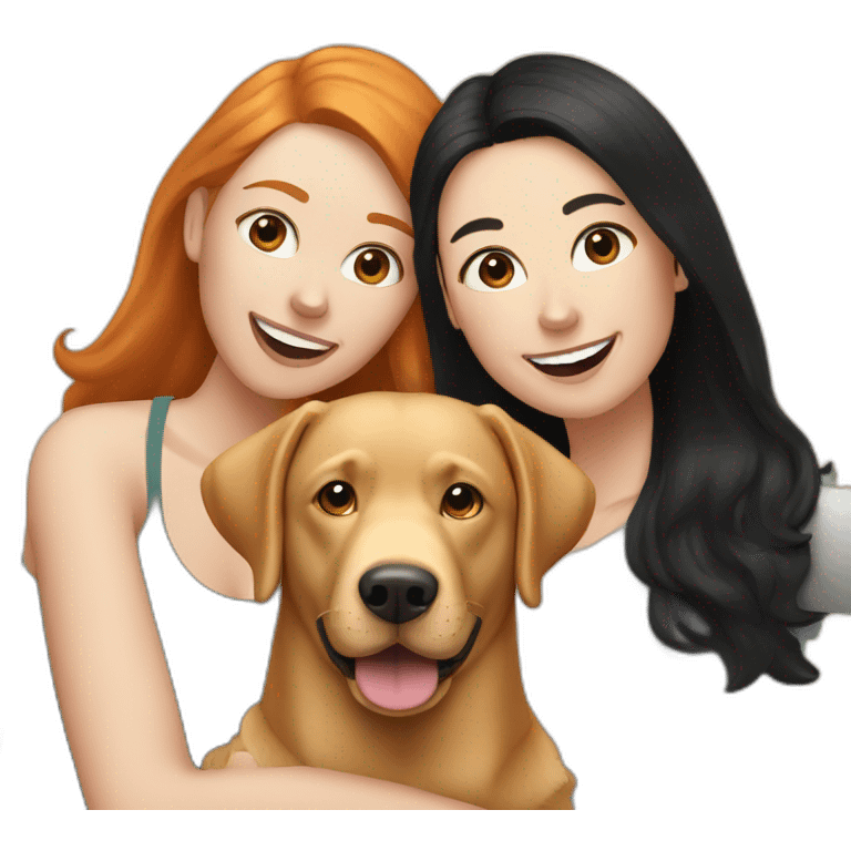 Ginger Labrador having a selfie with two woman with black hair  emoji