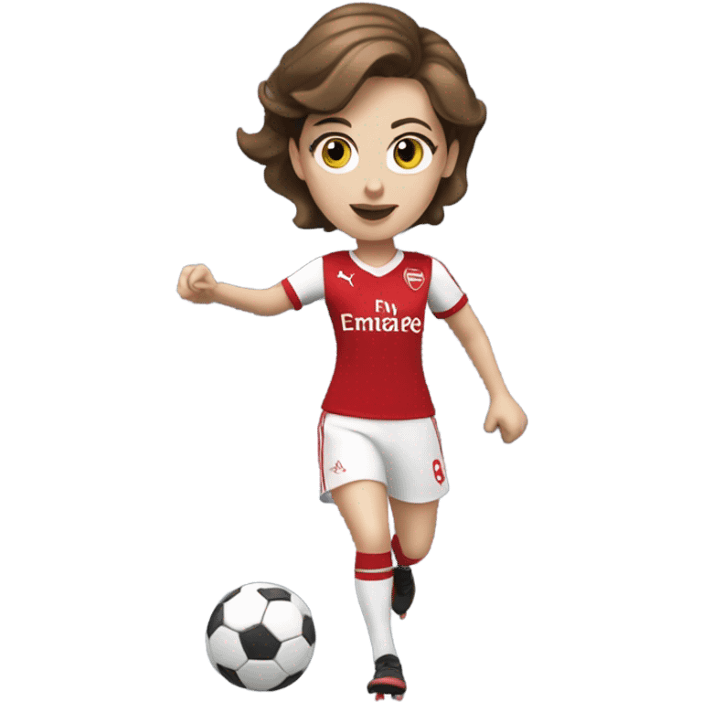 Pretty white woman in Arsenal jersey with short brown hair kicking a soccer ball emoji