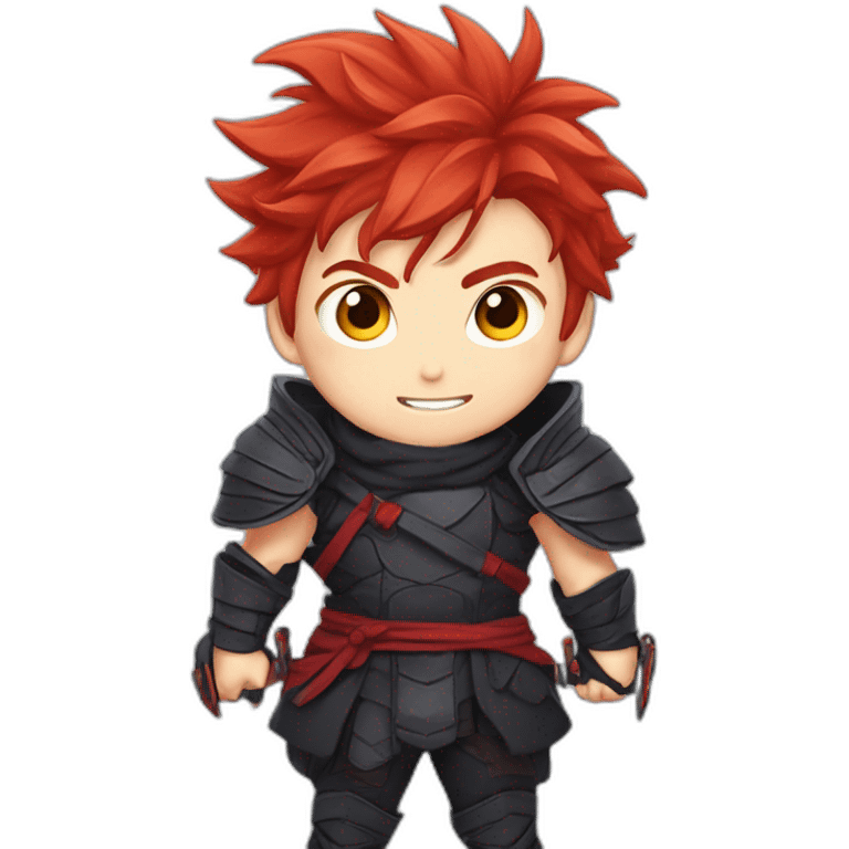 Anime boy with Red hair, ninja outfit, with cheeky grin and pointy fluffy hair with a sword in a defense stance, alone emoji