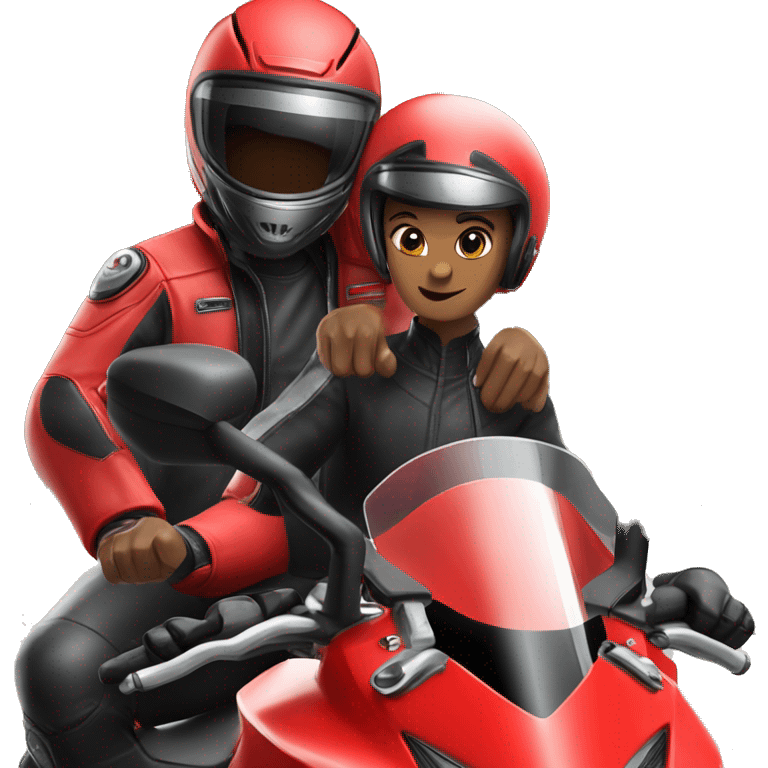 Two people wearing black helmet in a red ducati 1098 motorcycle  emoji