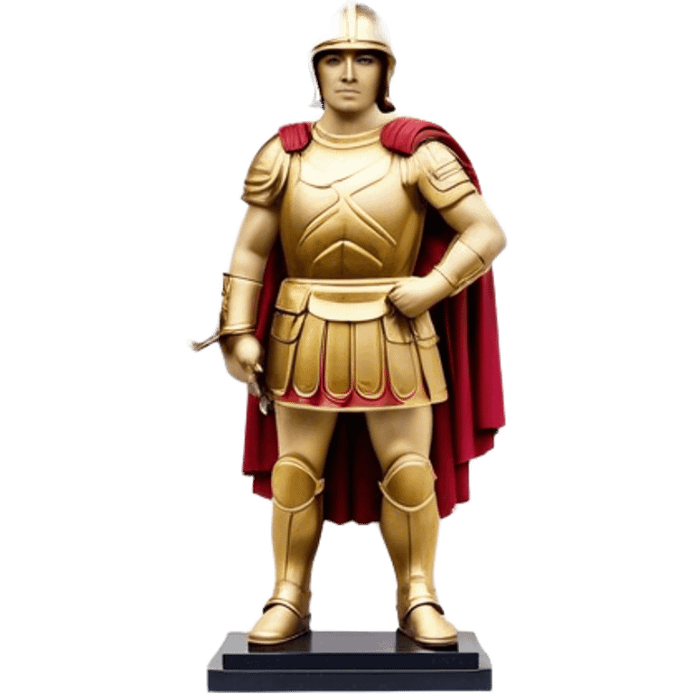 Cinematic Realistic Roman Soldier Statue at Botero Square Landmark Emoji, depicted as a striking, larger-than-life sculpture rendered with rich detail and dynamic, urban lighting. emoji