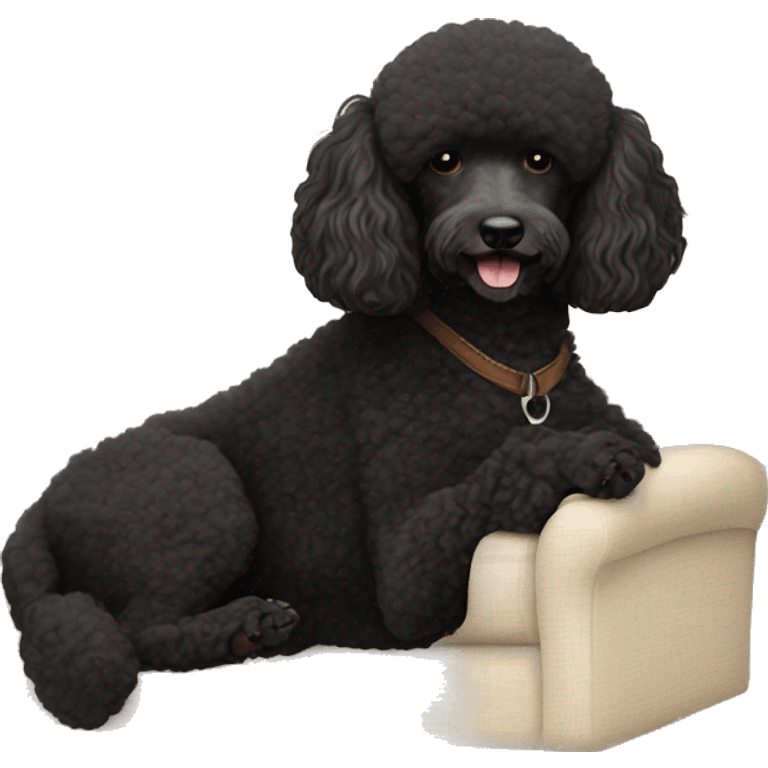 3 legs One Small unshaved Black Poodle with brown harness is  sleeping emoji