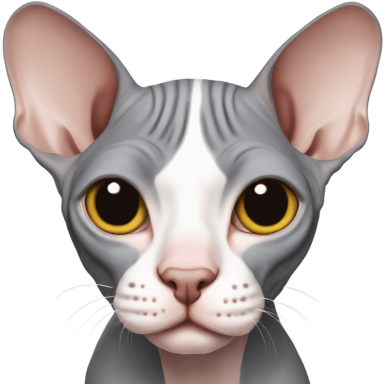 A gray Canadian sphynx with a white bridge of the nose winks emoji