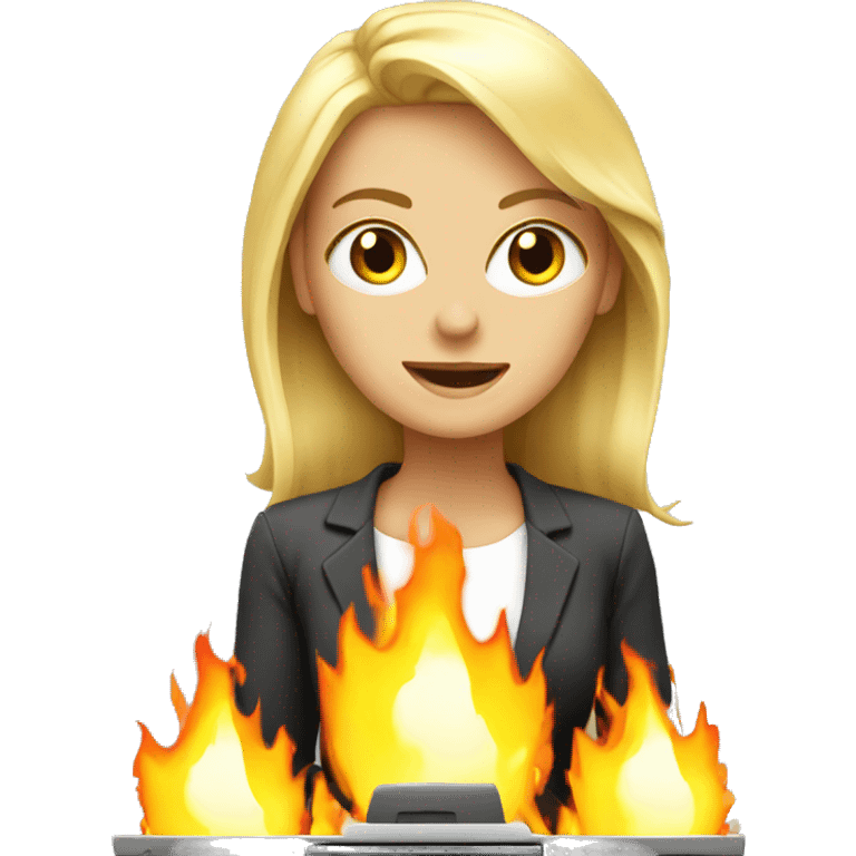 blond woman computer working, eyes fire emoji