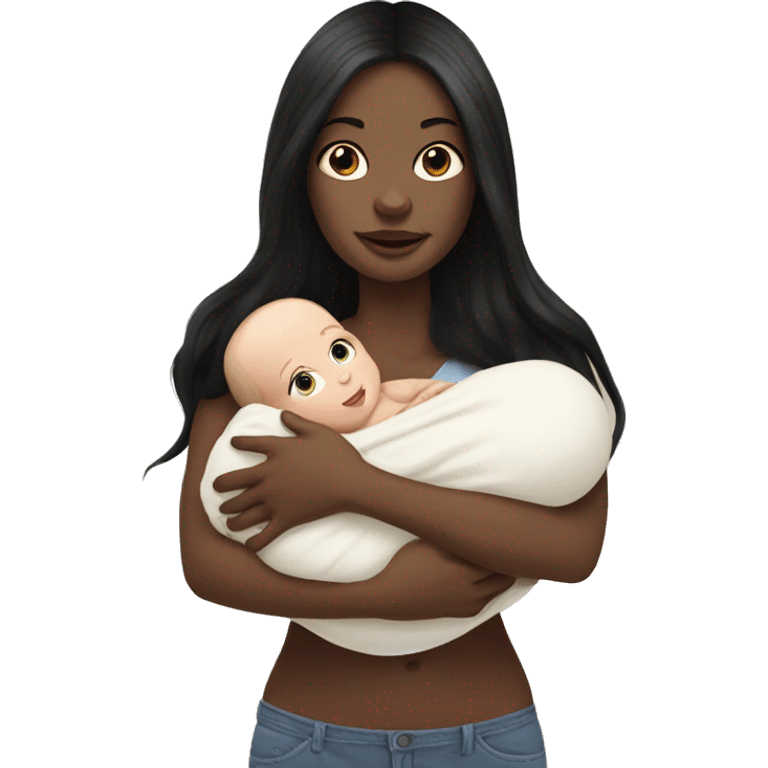 Pale girl with long black hair is holding a pale newborn baby emoji