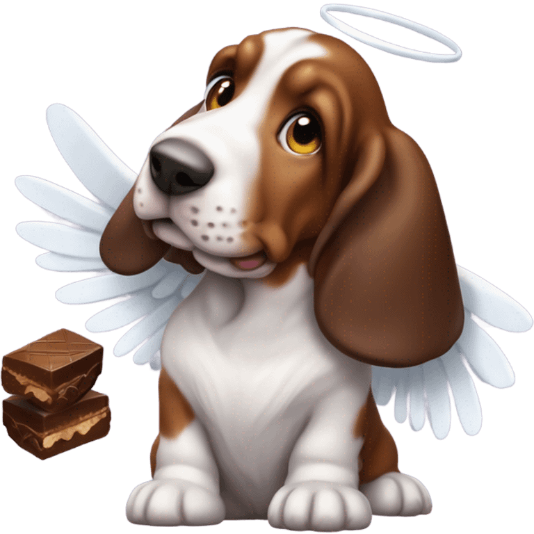 Basset hound with angel wings eating a box of chocolates, with chocolate around his mouth  emoji