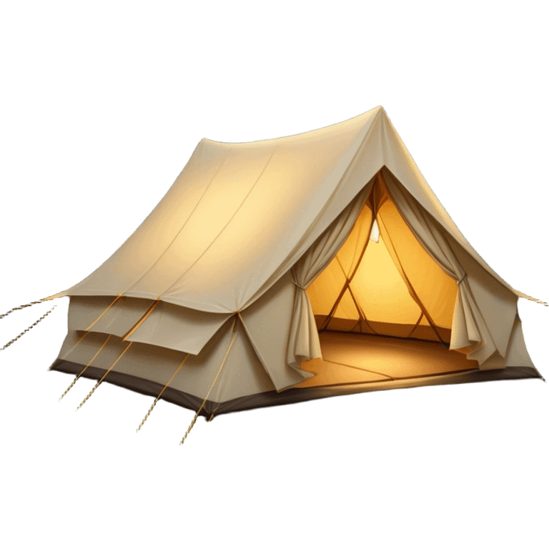 Cinematic Realistic Tent, a sturdy canvas tent nestled among tall trees, warm golden light spilling from inside, gentle folds in the fabric visible, glowing against the cool, dark forest backdrop, evoking a sense of adventure and comfort. emoji