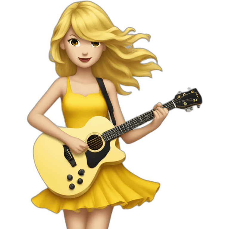 Taylor swift with a yellow dress and hair in the wind playing guitar emoji