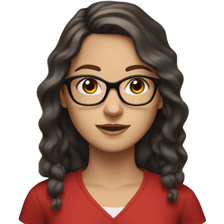 white girl with glasses, dark long wavy hair, dark brown eyes and red shirt  emoji