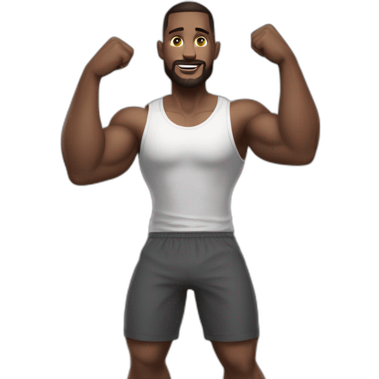 Full height realistic Actively gesturing with hands Pale skinned Fit Man With the biceps and brown hair in dark gray Sleeveless Mike, black oversize sports shorts, watch and white Sneakers emoji