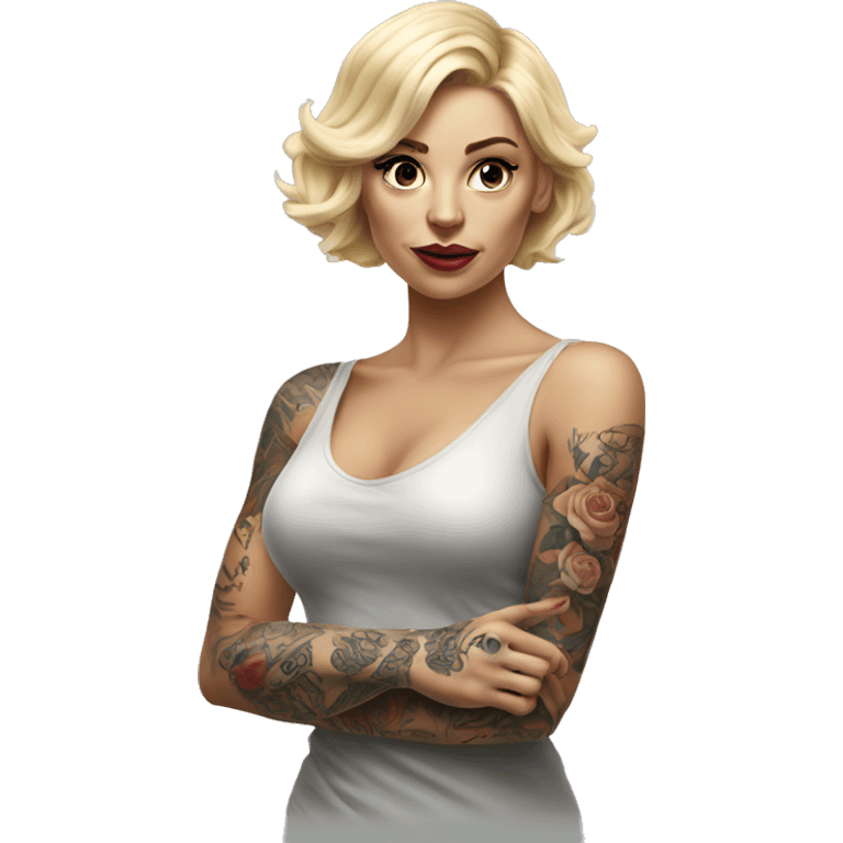 Blonde elegant women, her Body Covered with Tattoos, POINTING to YOU FORWARD with her ONE HAND , Hyper realistic emoji