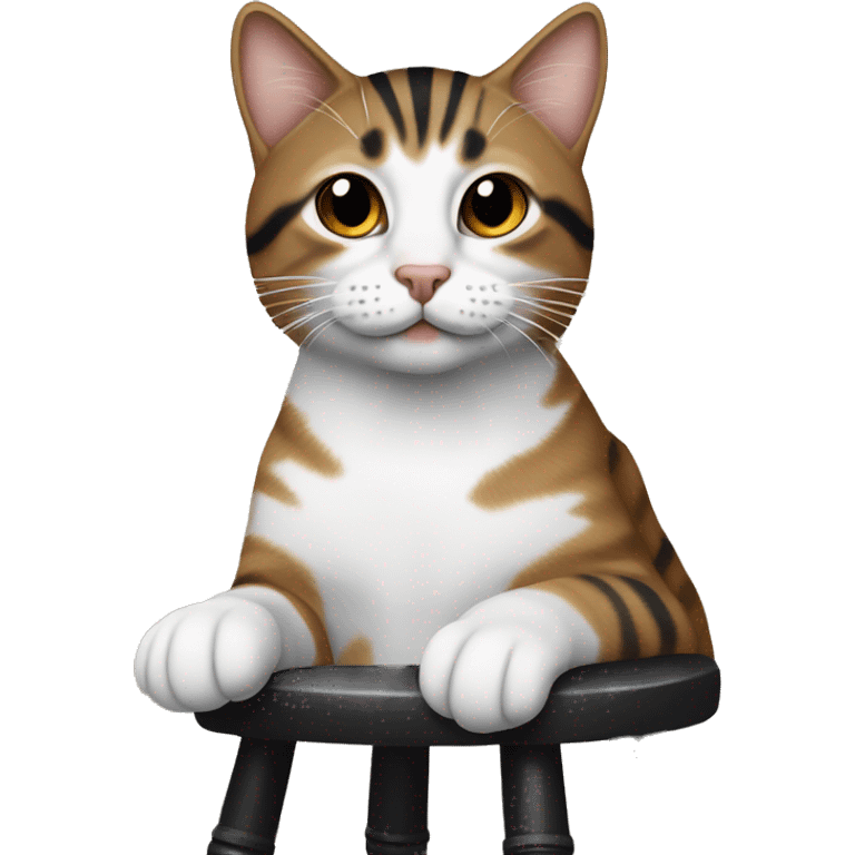 Tabby cat with brown and black strips with white under coat on a barstool  emoji