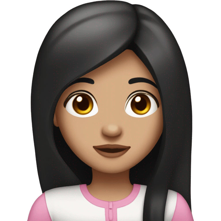 Pale extra white, long black straight hair, brown eyes, pink accessories, freckles, small nose,  emoji