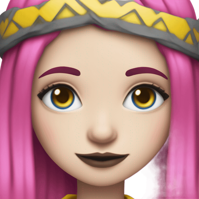 Blue eyed long eye lashes blonde  pale hime gyaru girl, hot pink and yellow split-dyed hair, nose ring, elf ears, dark makeup, punk clothes emoji