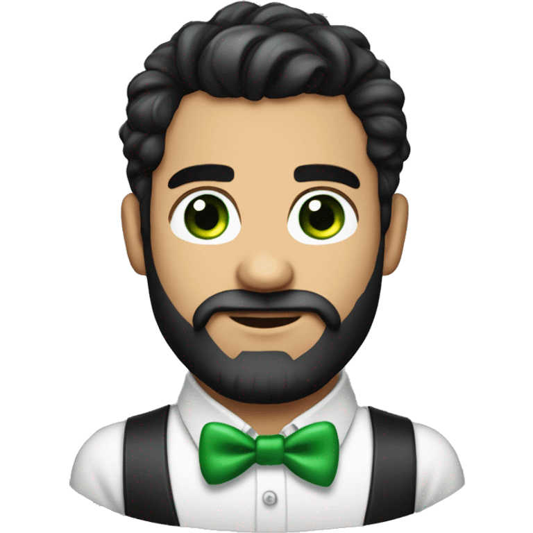 Young round face handsome man with bow tie and green eyes and full beard, black hair , bushy eye brows ballon face  emoji