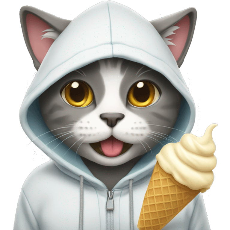 Cat wearing hoodie and eating ice cream emoji