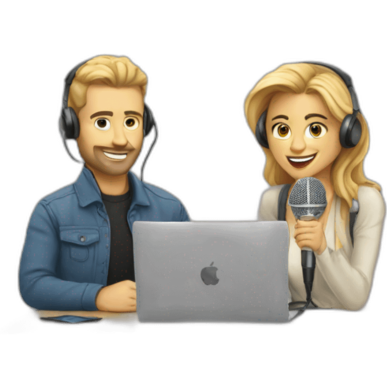 White man and woman podcasting with mics and a MacBook emoji