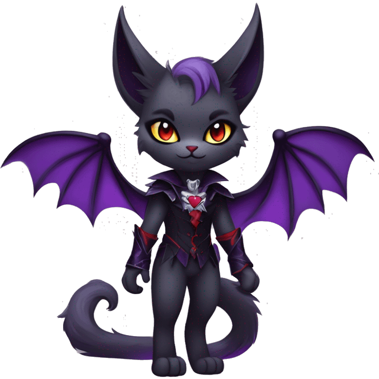 Anthro-Cute-Edgy-Cool-Vampiric-Batty-Cat-Black-Purple-Red-Grey-White-Yellow-Contrast-Colors-Fantasy-Fur-Sona-Chibi-Shiny-Fakémon-Hybrid with horns and fangs and collar full body emoji