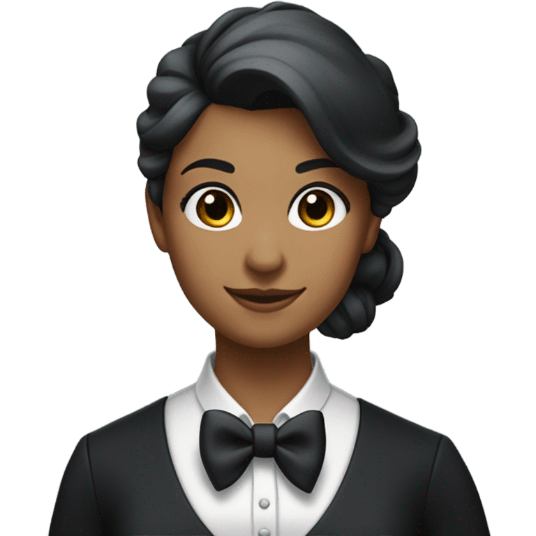 a female butler with a professional and elegant demeanor. She has her hair neatly tied in a ponytail and wears a classic butler uniform, including a tailored vest, crisp white shirt, and bow tie. emoji