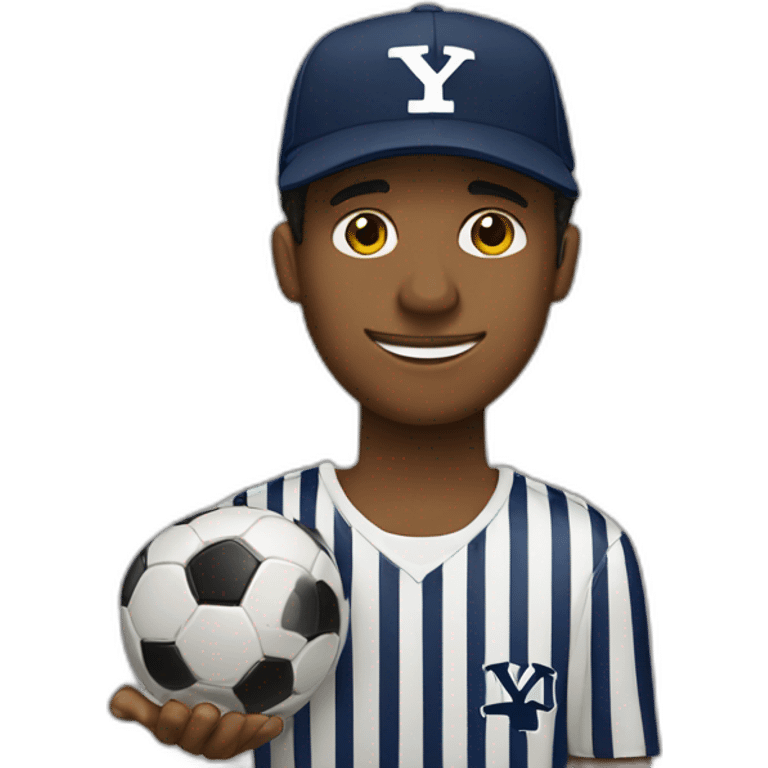 guy wearing a Yale university cap holding a soccer ball and a MacBook computer emoji