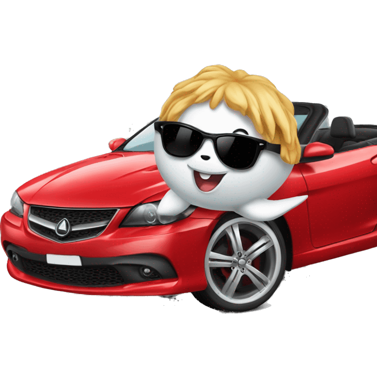 Great white shark with sunglasses driving a convertible red car emoji