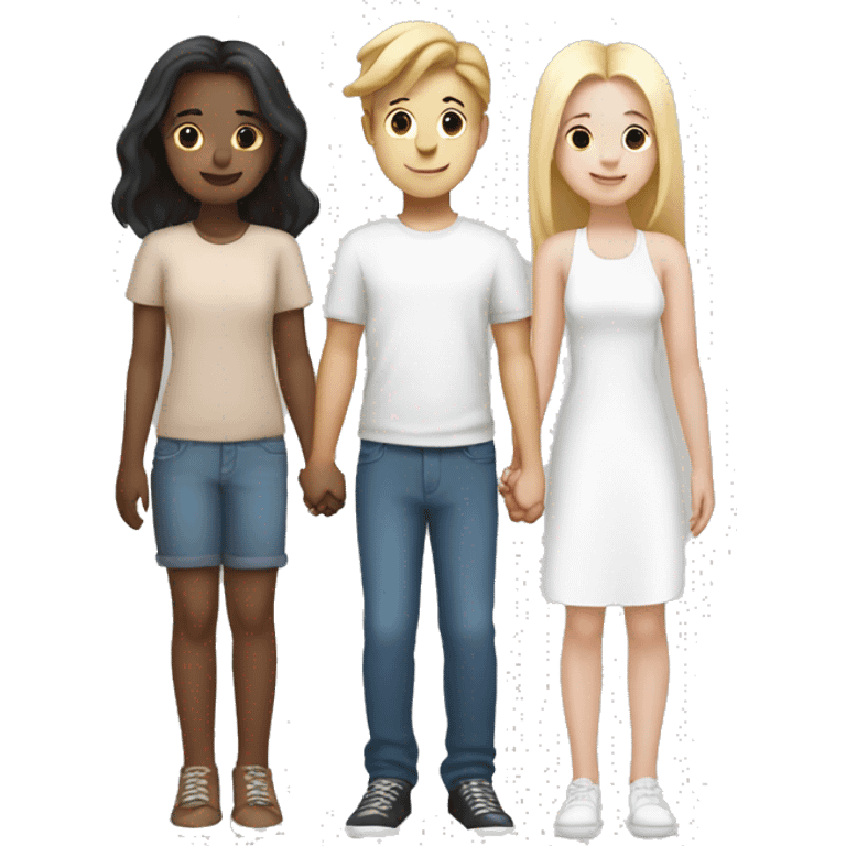 Two girls and one guy holding hands, all white skin emoji