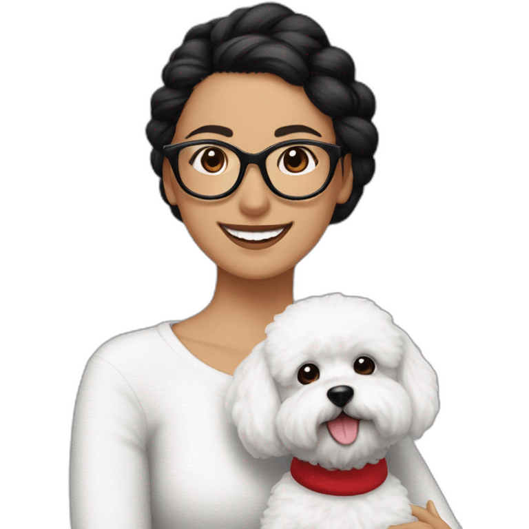 woman-black-hair-bun-with glasses-with bichon dog-white-smile-Christmas emoji