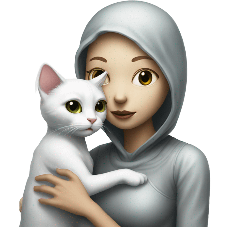 Photo realistic, alien female, kissing and embracing white cat, emoji