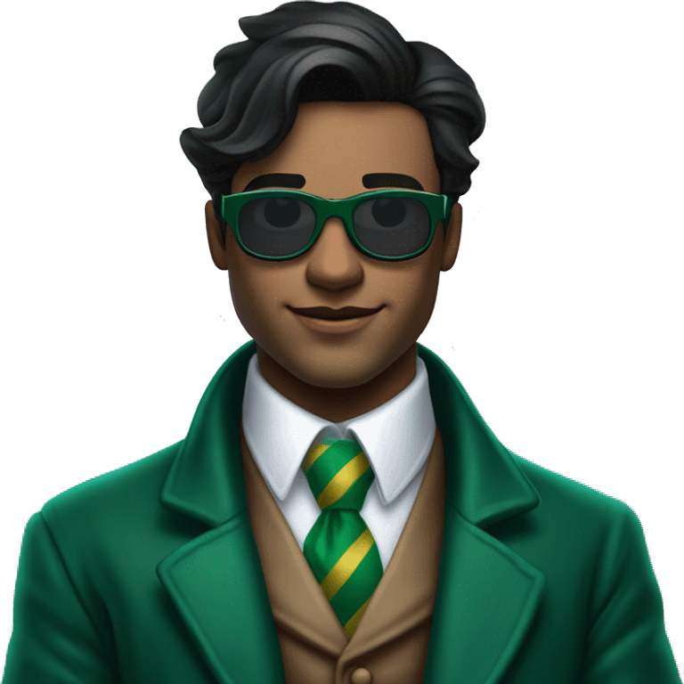 Onceler, a young man with dark hair and striking blue eyes, exudes charm in an emerald green coat, crisp white shirt, striped tie, and top hat. Emerald gloves and dark sunglasses frame his smirk. emoji